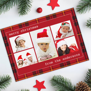 5 Photo Collage Red Tartan Plaid Family Christmas Holiday Card