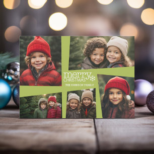 5 Photo Collage Retro Joy and Peace Green Holiday Card