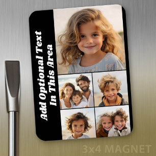 5 Photo Collage - simple black with white text Magnet