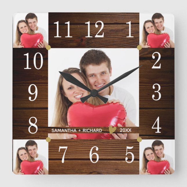5 Photo Collage Wedding Anniversary  Rustic Wood Square Wall Clock (Front)