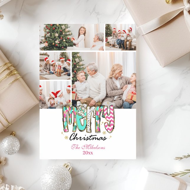 5 Photo Colourful Retro Merry Christmas Holiday Card (Creator Uploaded)