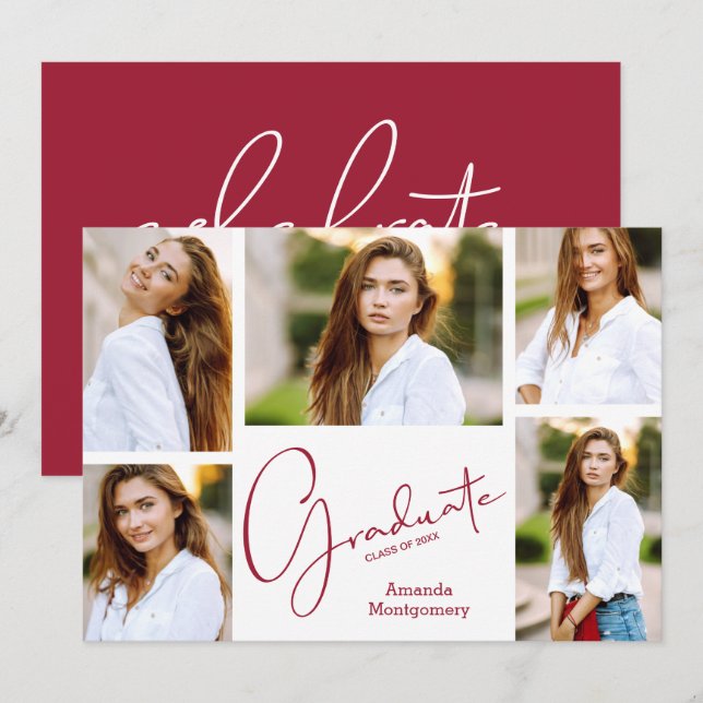 5 Photo Crimson Graduation Party Invitation (Front/Back)