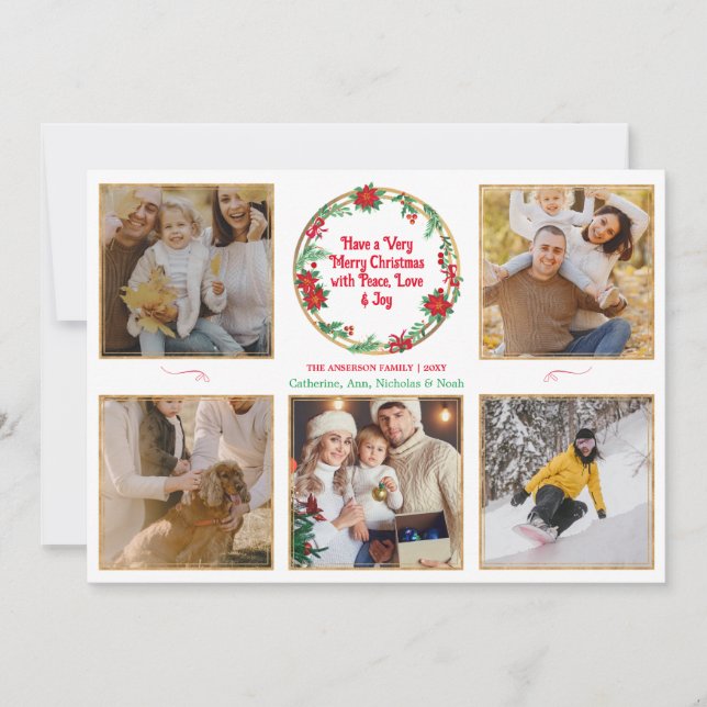 5 Photo Cute Modern Merry Christmas Holiday Card (Front)