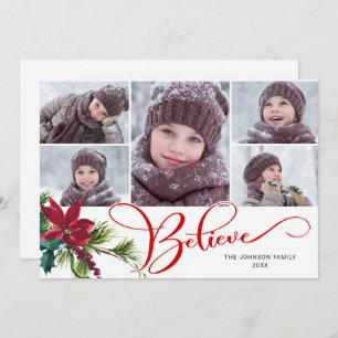 5 Photo Elegant Poinsettia Christmas BELIEVE Holiday Card