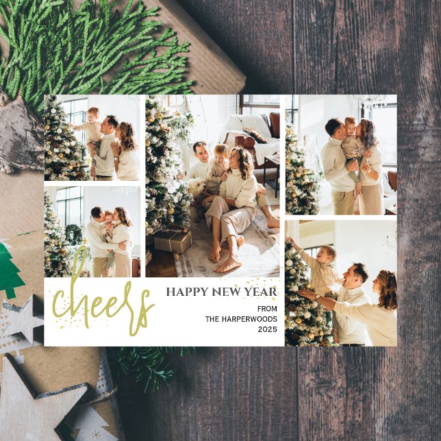 5 Photo Elegant Script Modern Happy New Year Holiday Card (Creator Uploaded)