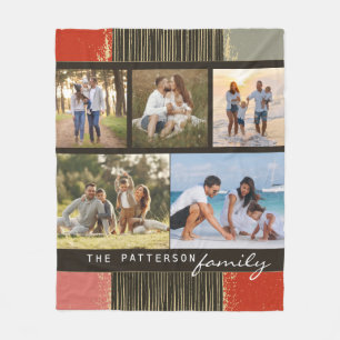 5 Photo Family Collage Rustic Abstract Name Fleece Blanket