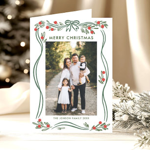 5 Photo Festive Boho Green Christmas Bow Ribbon Holiday Card