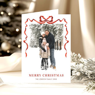 5 Photo Festive Boho Red Christmas Bow Ribbon Holiday Card