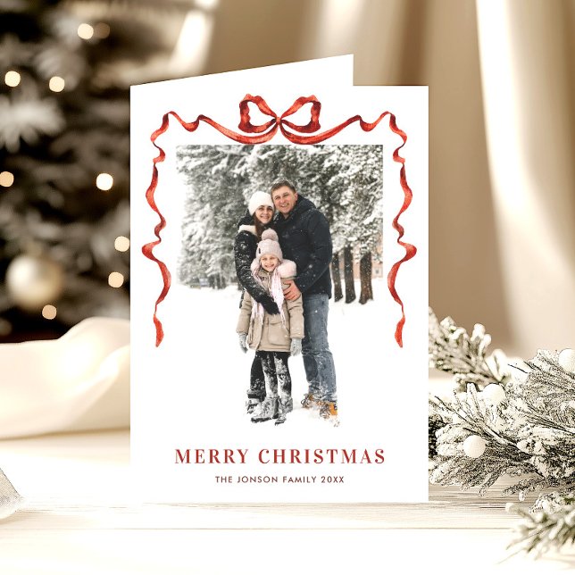 5 Photo Festive Boho Red Christmas Bow Ribbon Holiday Card (Creator Uploaded)