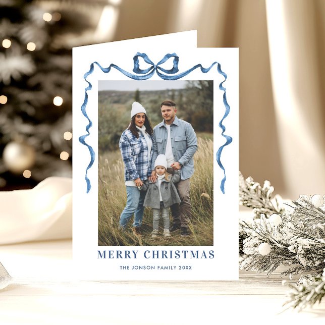 5 Photo Festive Dusty Blue Christmas Bow Ribbon Holiday Card (Creator Uploaded)