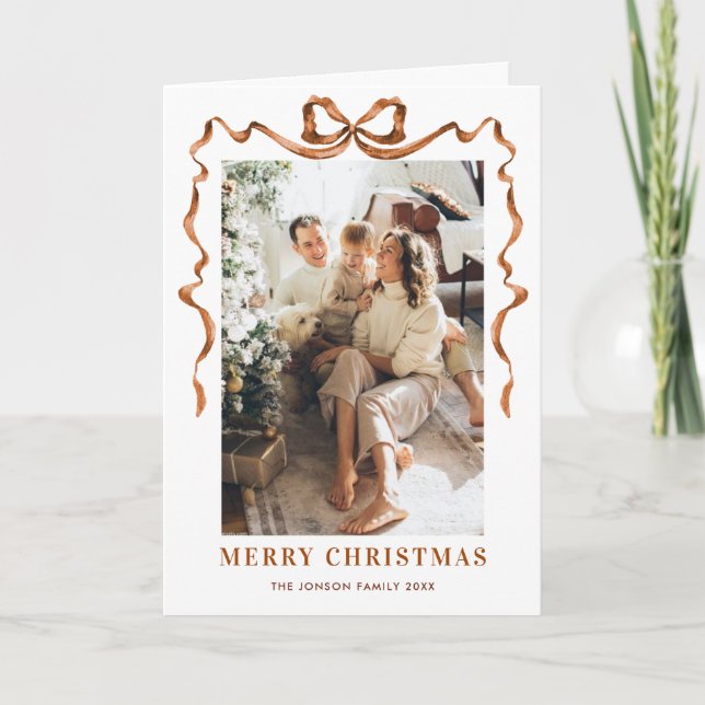 5 Photo Funky Boho Beige Christmas Bow Ribbon Holiday Card (Front)