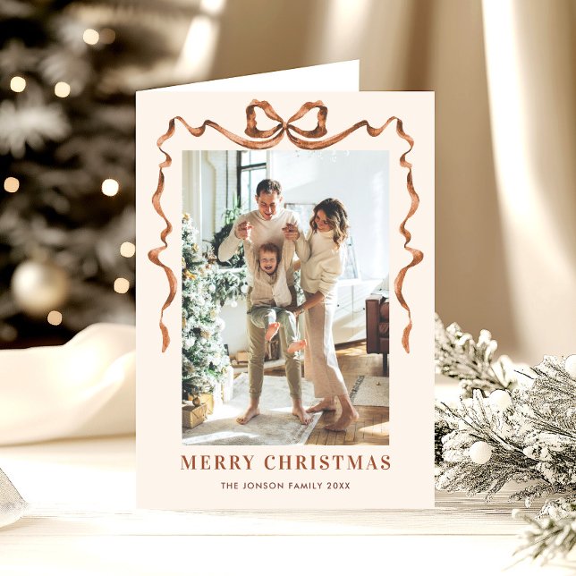 5 Photo Funky Boho Beige Christmas Bow Ribbon Holiday Card (Creator Uploaded)
