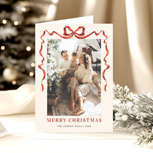 5 Photo Funky Boho Red Christmas Bow Ribbon Holiday Card