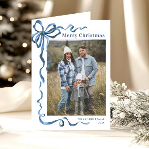 5 Photo Funky Dusty Blue Christmas Bow Ribbon Holiday Card