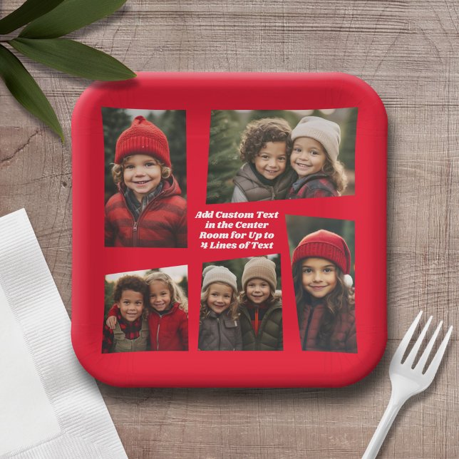 5 Photo Funky Retro Frame with Text - Red Paper Plate (Personalized Christmas party plates with a photo collage and text)