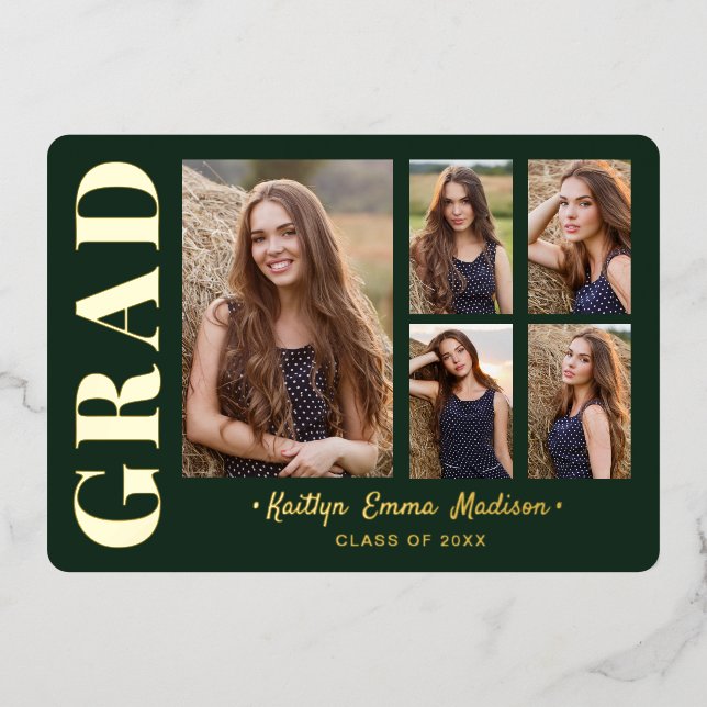5 Photo Grad Collage Green & Gold Foil Card (Front)