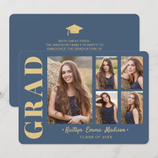 5 Photo Grad Collage Modern Script Blue and Gold Announcement