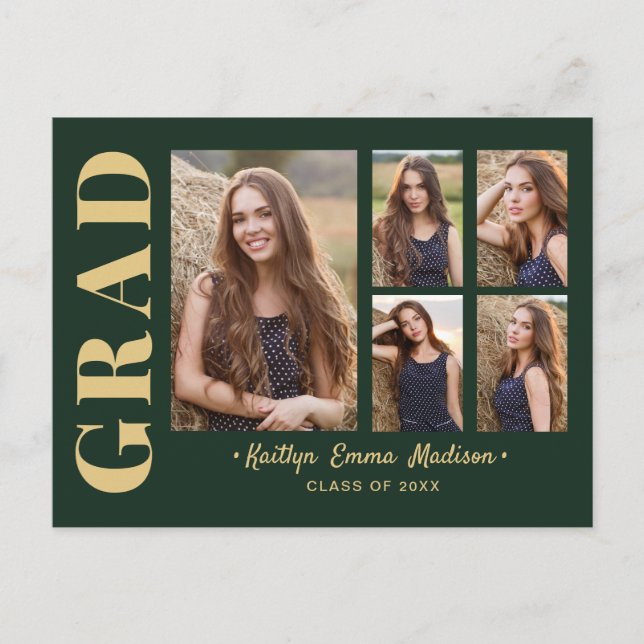 5 Photo Grad Collage Modern Script Green and Gold Postcard (Front)