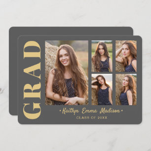 5 Photo Grad Collage Modern Script Grey and Gold Announcement