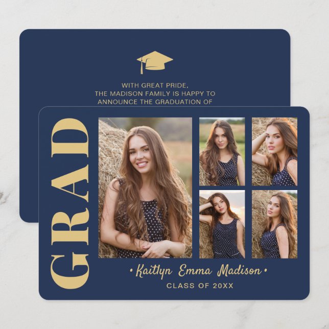 5 Photo Grad Collage Modern Script Navy Blue Gold Announcement (Front/Back)