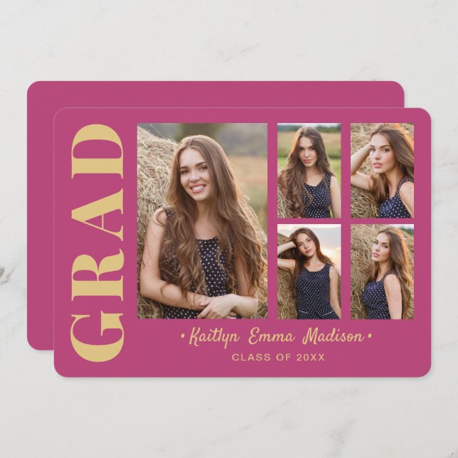 5 Photo Grad Collage Modern Script Pink and Gold Announcement (Front/Back)