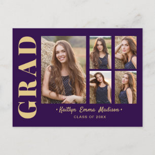 5 Photo Grad Collage Modern Script Purple and Gold Postcard