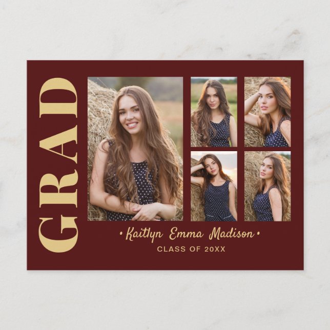 5 Photo Grad Collage Modern Script Red and Gold Postcard (Front)