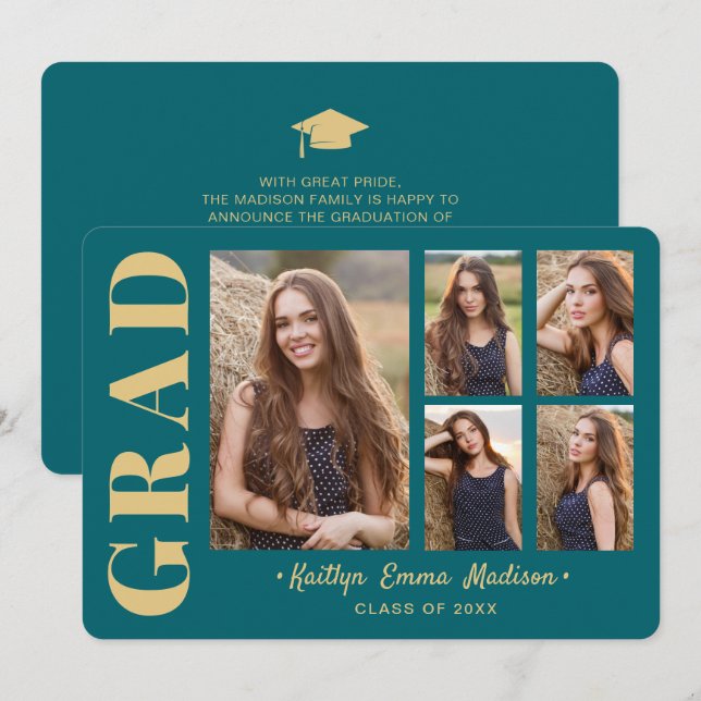 5 Photo Grad Collage Modern Script Teal and Gold Announcement (Front/Back)