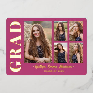 5 Photo Grad Collage Pink & Gold Foil Card