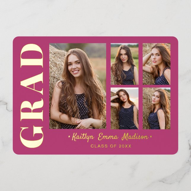 5 Photo Grad Collage Pink & Gold Foil Card (Front)