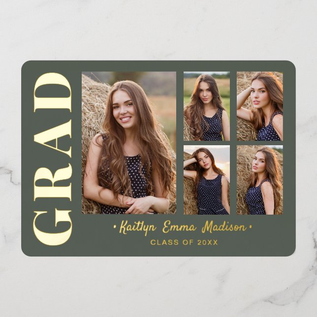 5 Photo Grad Collage Sage Green & Gold Foil Card (Front)