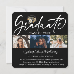 5 Photo Graduation Collage Modern Black White Gold Announcement