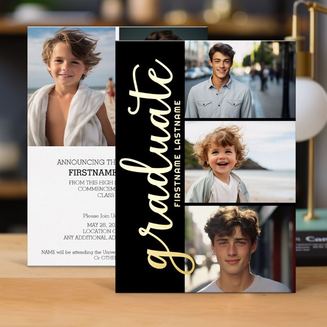 5 Photo Graduation Party Modern Script Gold Foil I (Graduation Invitation)