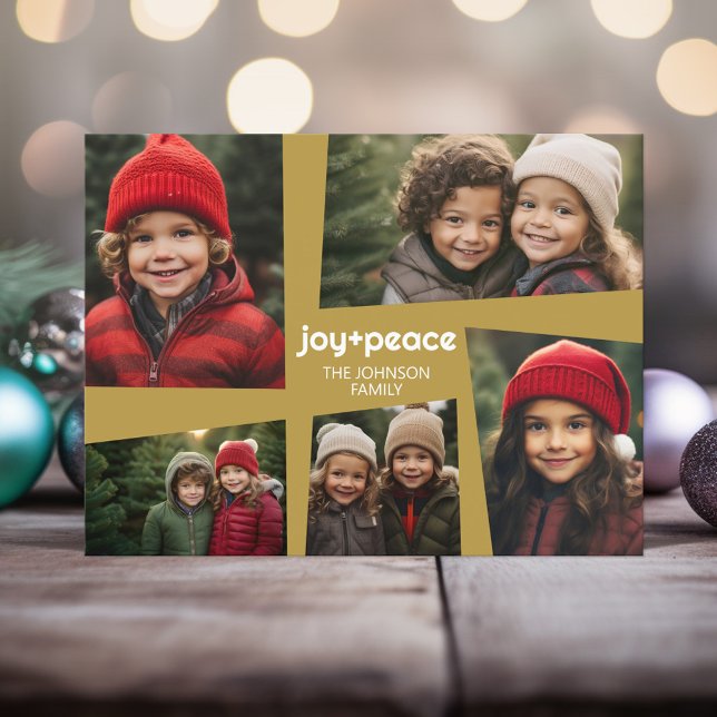 5 Photo Holiday Collage Retro Joy and Peace - Gold Postcard (5 Photo Retro Photo Design Holiday Card)