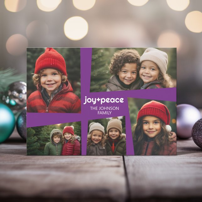 5 Photo Holiday Collage Retro Joy and Peace Purple (5 Photo Retro Photo Design Holiday Card)