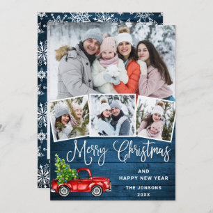 5 Photo Merry Christmas Red Farm Truck Holiday Card