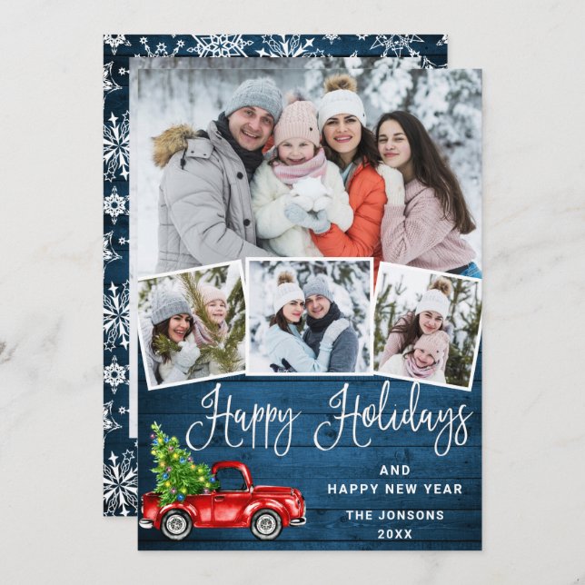 5 Photo Merry Christmas Red Farm Truck Holiday Card (Front/Back)