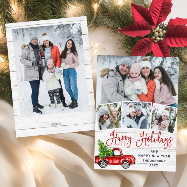 5 Photo Merry Christmas Red Farm Truck Holiday Card (Creator Uploaded)