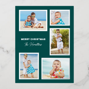 5-Photo Modern Christmas Collage Green Silver Foil Holiday Postcard