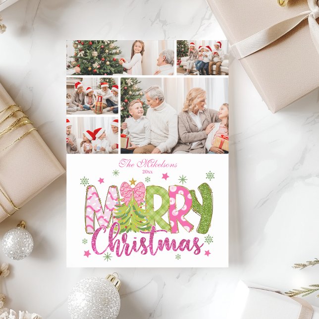 5 Photo Pink Green Bow Tree Merry Christmas Holiday Card (Creator Uploaded)