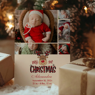 5 Photo Plaid Reindeer Baby First Christmas  Holiday Card
