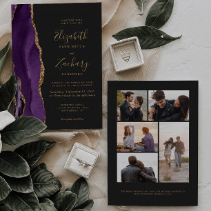 5-Photo Purple Gold Agate Dark Wedding Invitation