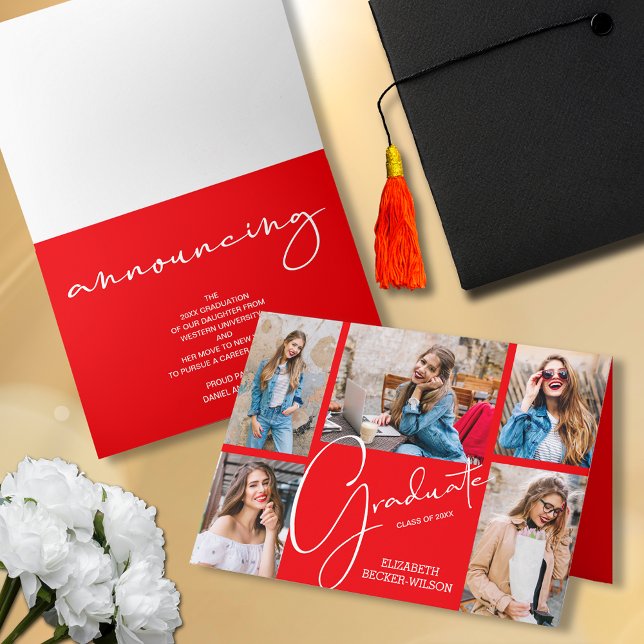5 Photo Red Graduation Announcement (Folded 5 photo collage graduation announcements)