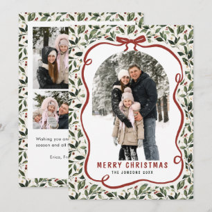 5 Photo Retro Christmas Hand Drawn Red Bow Ribbon Holiday Card