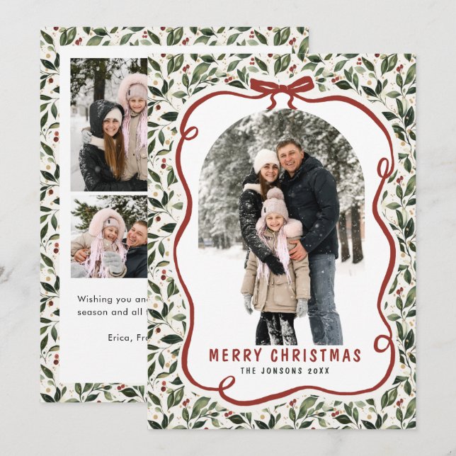 5 Photo Retro Christmas Hand Drawn Red Bow Ribbon Holiday Card (Front/Back)