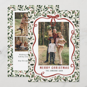 5 Photo Retro Christmas Hand Drawn Red Bow Ribbon Holiday Card
