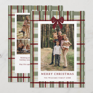 5 Photo Retro Christmas Red Bow Green Plaid Holiday Card