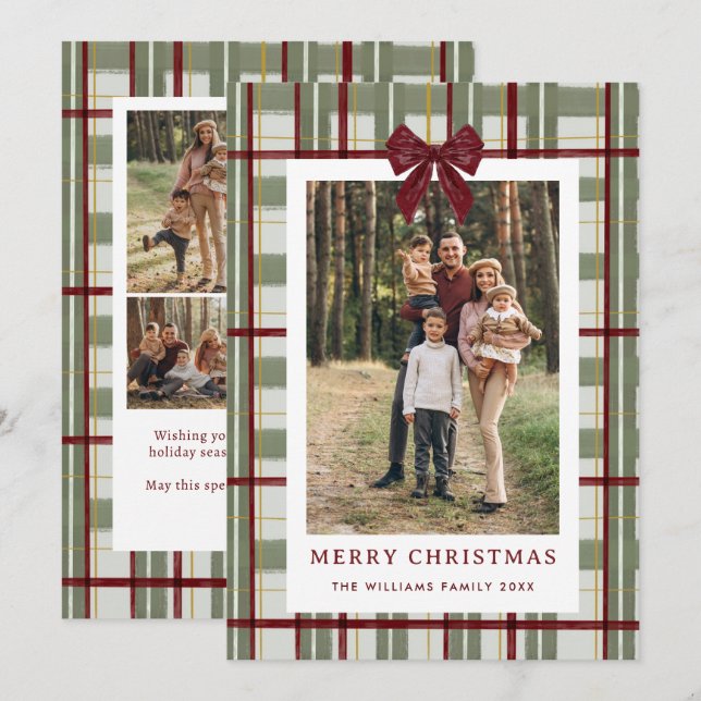 5 Photo Retro Christmas Red Bow Green Plaid Holiday Card (Front/Back)