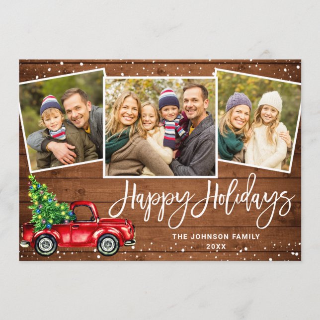 5 PHOTO Retro Christmas Red Truck Rustic Greeting Holiday Card (Front)