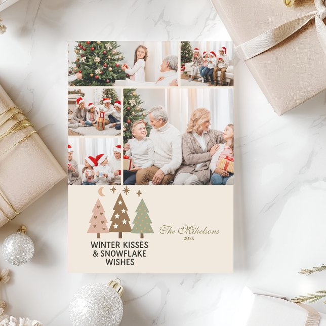 5 Photo Retro Winter Kisses & Snowflake Wishes Holiday Card (Creator Uploaded)